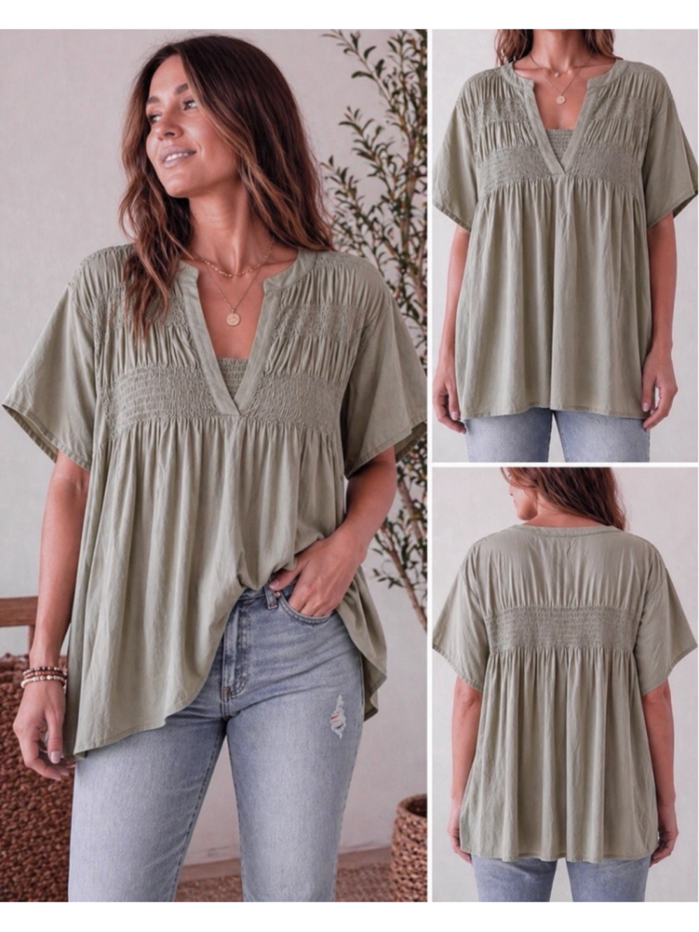 Oli & Hali Boho Cotton Tunic Top M/L Sage Green Smocked Blouse Oversized